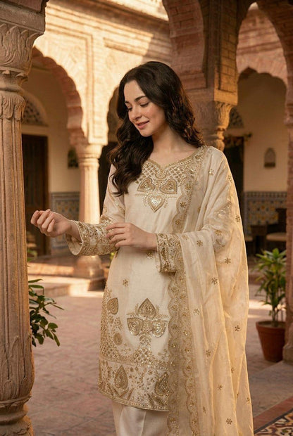 Elegant White Sequin Embroidered Silk Eid Special 3-Piece Set
