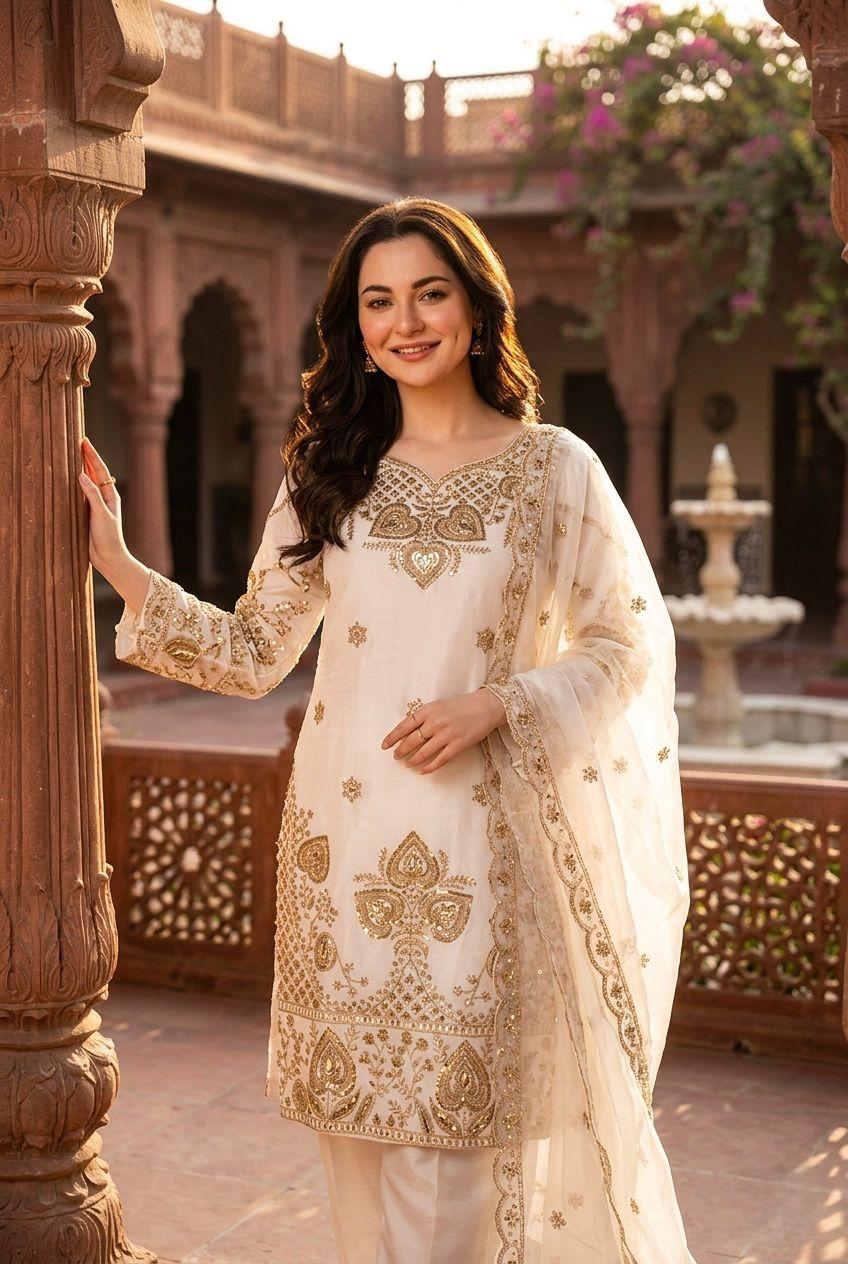 Elegant White Sequin Embroidered Silk Eid Special 3-Piece Set
