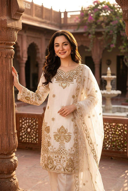 Elegant White Sequin Embroidered Silk Eid Special 3-Piece Set