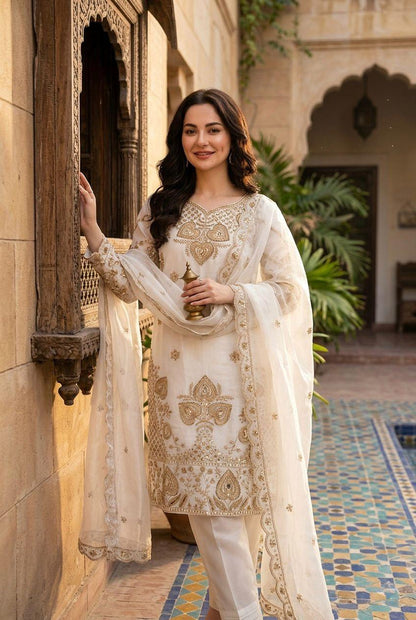 Elegant White Sequin Embroidered Silk Eid Special 3-Piece Set