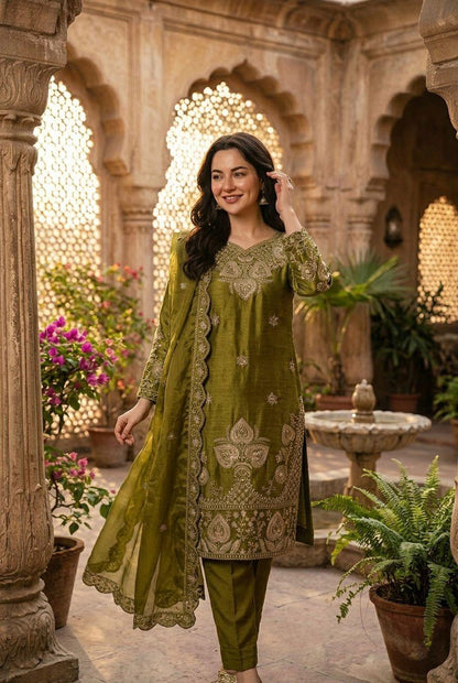 Elegant Olive Green Sequin Embroidered Silk Eid Special 3-Piece Set