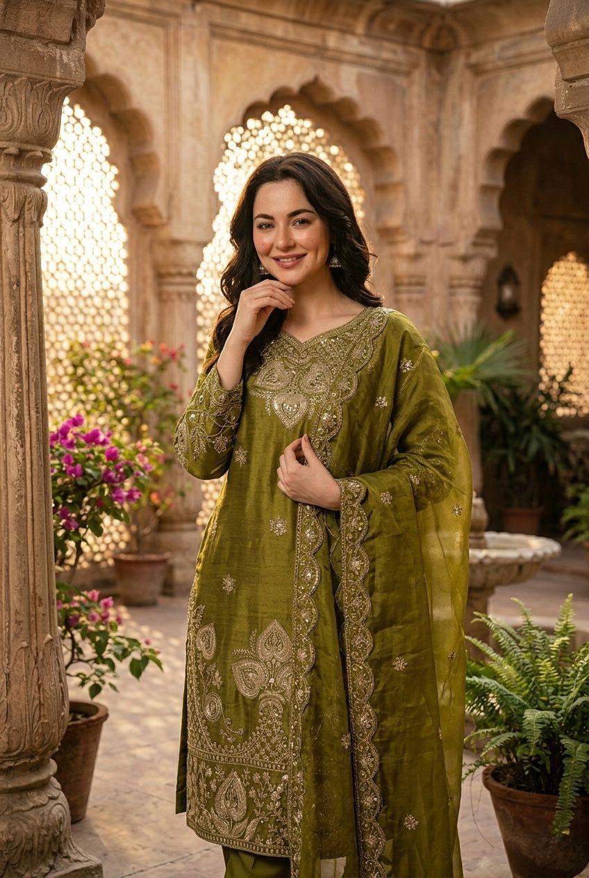 Elegant Olive Green Sequin Embroidered Silk Eid Special 3-Piece Set
