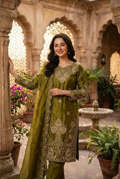 Elegant Olive Green Sequin Embroidered Silk Eid Special 3-Piece Set