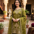 Elegant Olive Green Sequin Embroidered Silk Eid Special 3-Piece Set