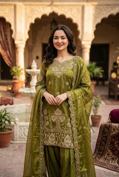 Elegant Olive Green Sequin Embroidered Silk Eid Special 3-Piece Set