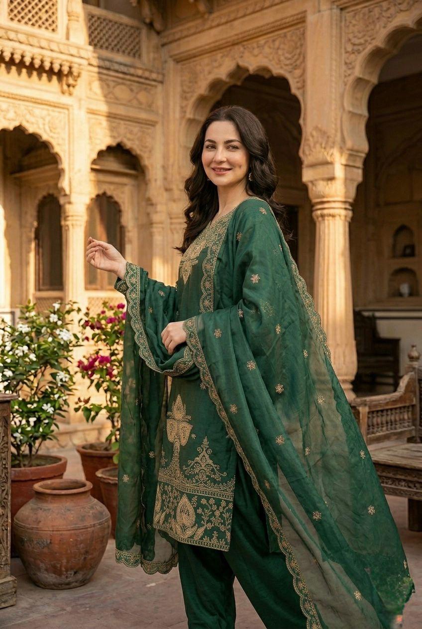 Elegant Dark Green Sequin Embroidered Silk Eid Special 3-Piece Set