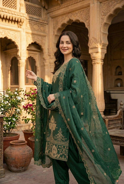 Elegant Dark Green Sequin Embroidered Silk Eid Special 3-Piece Set