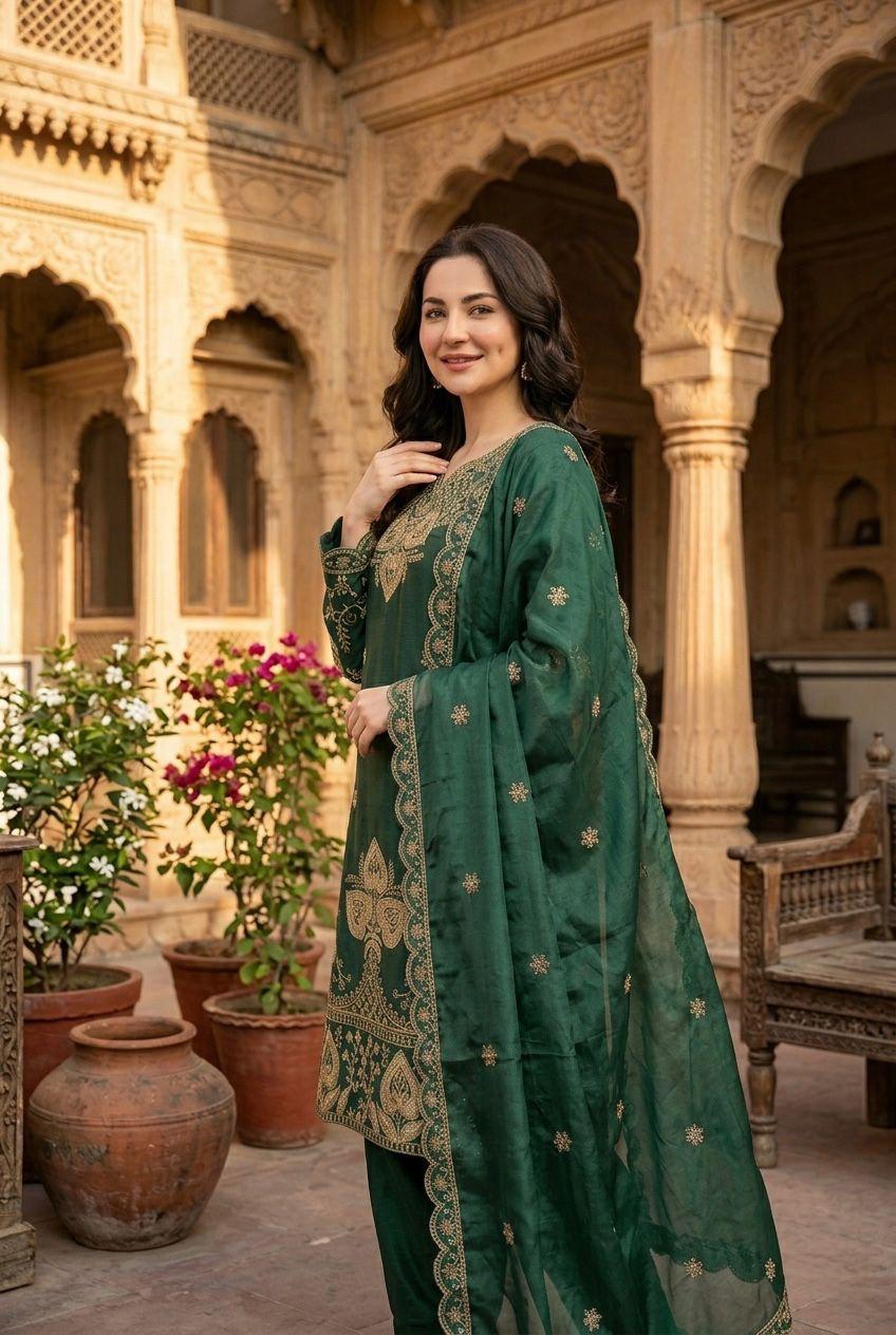 Elegant Dark Green Sequin Embroidered Silk Eid Special 3-Piece Set