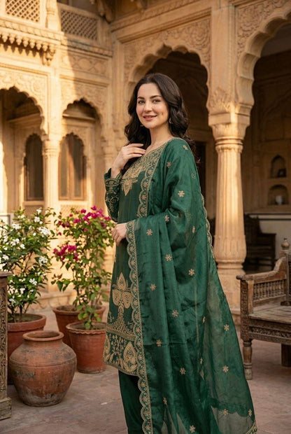 Elegant Dark Green Sequin Embroidered Silk Eid Special 3-Piece Set