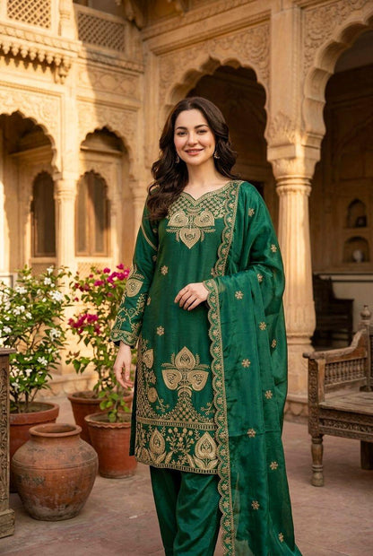 Elegant Dark Green Sequin Embroidered Silk Eid Special 3-Piece Set