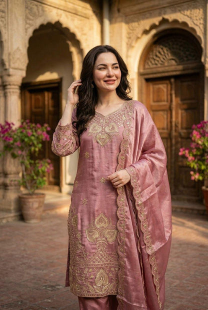 Elegant Dusty Pink Sequin Embroidered Silk Eid Special 3-Piece Set