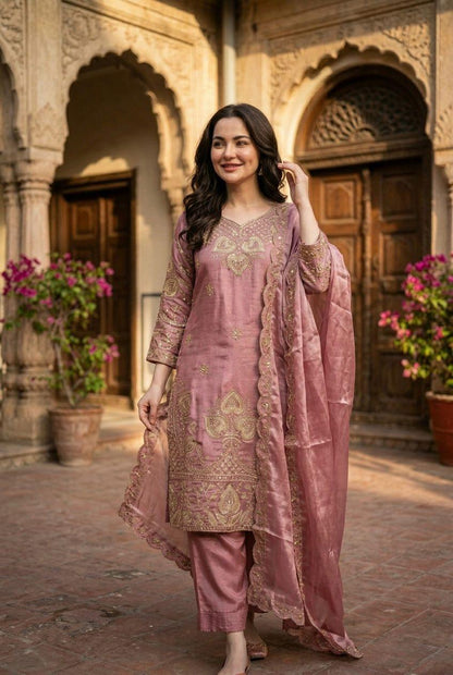 Elegant Dusty Pink Sequin Embroidered Silk Eid Special 3-Piece Set