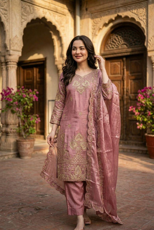 Elegant Dusty Pink Sequin Embroidered Silk Eid Special 3-Piece Set
