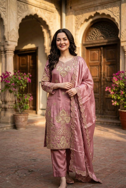 Elegant Dusty Pink Sequin Embroidered Silk Eid Special 3-Piece Set