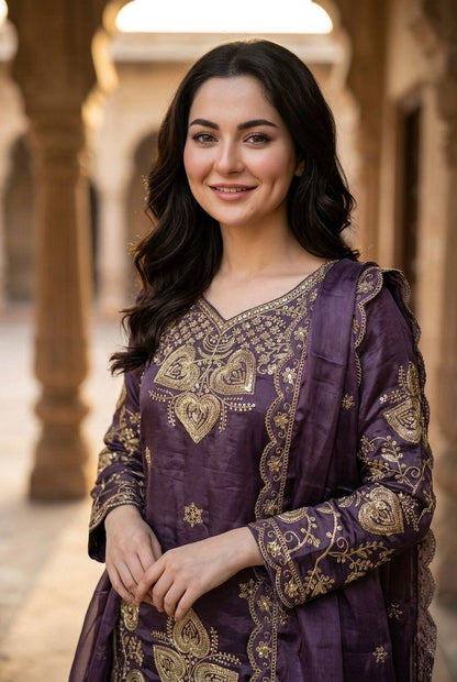 Elegant Purple Sequin Embroidered Silk Eid Special 3-Piece Set
