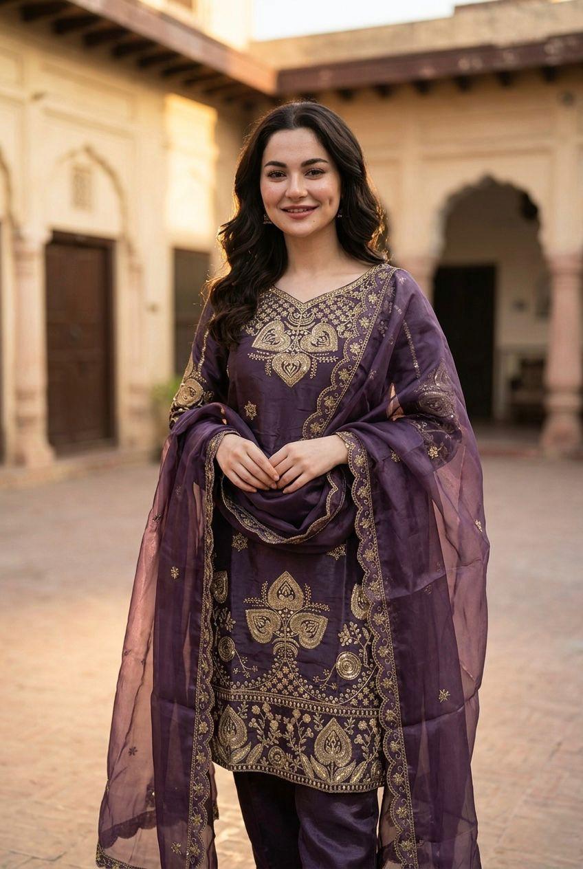 Elegant Purple Sequin Embroidered Silk Eid Special 3-Piece Set