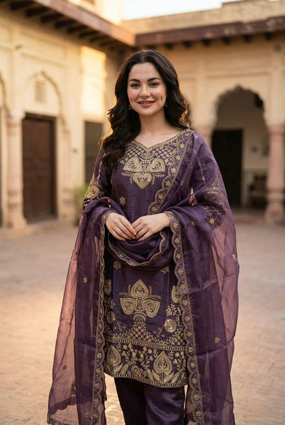 Elegant Purple Sequin Embroidered Silk Eid Special 3-Piece Set