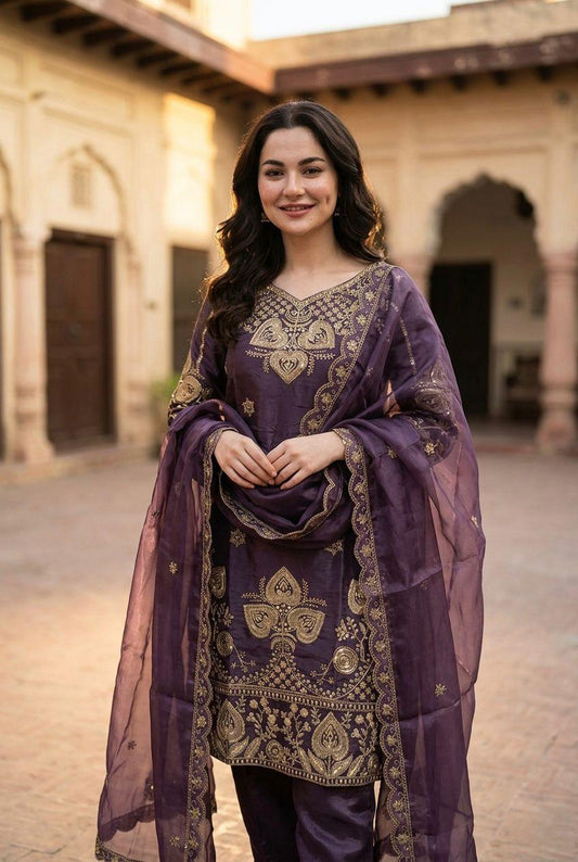 Elegant Purple Sequin Embroidered Silk Eid Special 3-Piece Set
