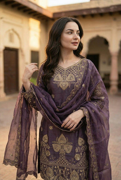Elegant Purple Sequin Embroidered Silk Eid Special 3-Piece Set