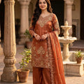 Elegant Burnt Orange Sequin Embroidered Silk Eid Special 3-Piece Set