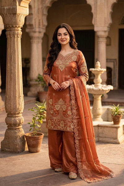 Elegant Burnt Orange Sequin Embroidered Silk Eid Special 3-Piece Set