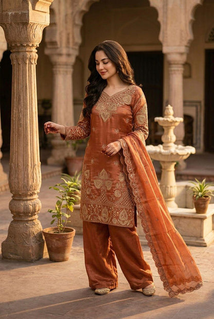 Elegant Burnt Orange Sequin Embroidered Silk Eid Special 3-Piece Set