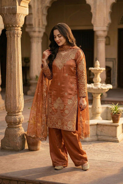 Elegant Burnt Orange Sequin Embroidered Silk Eid Special 3-Piece Set