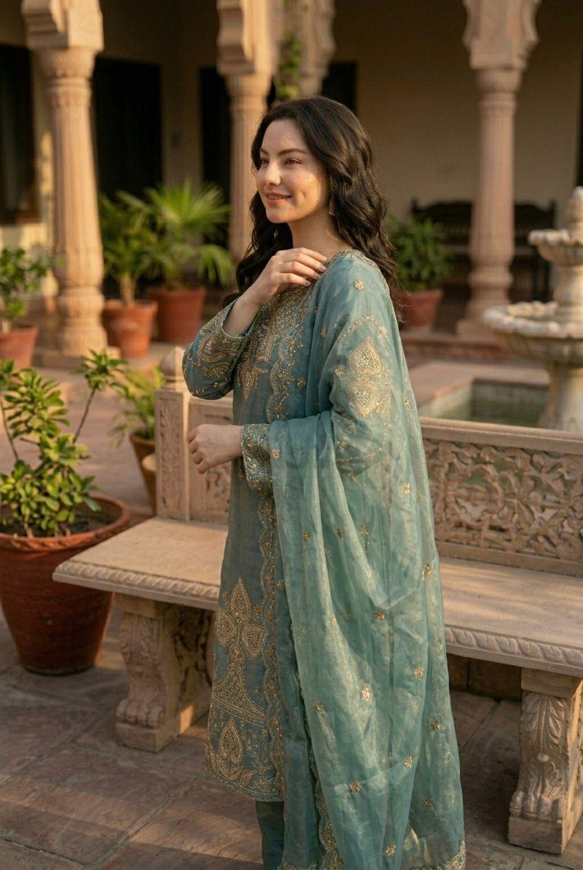 Elegant Teal Green Sequin Embroidered Silk Eid Special 3-Piece Set