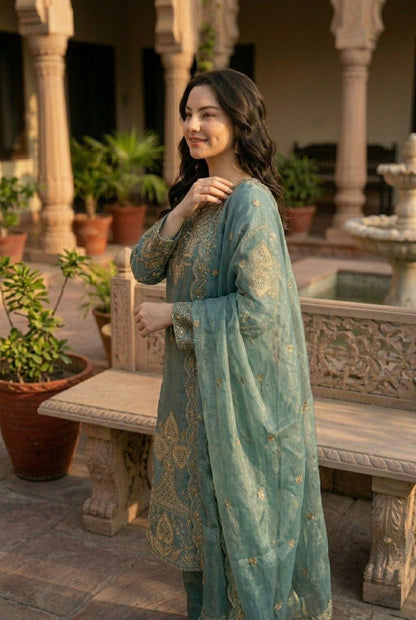 Elegant Teal Green Sequin Embroidered Silk Eid Special 3-Piece Set