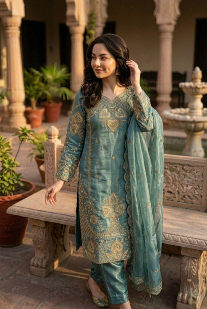 Elegant Teal Green Sequin Embroidered Silk Eid Special 3-Piece Set