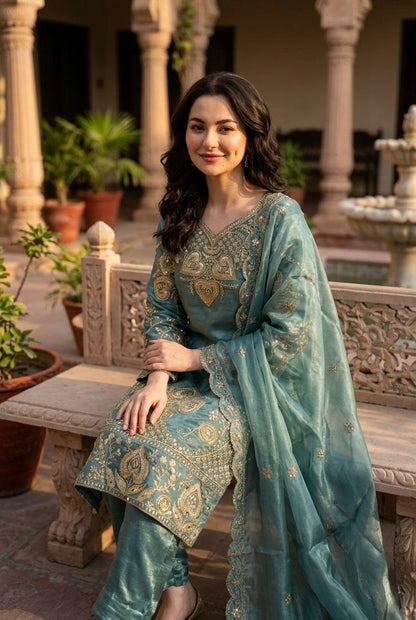 Elegant Teal Green Sequin Embroidered Silk Eid Special 3-Piece Set