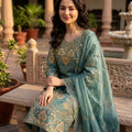Elegant Teal Green Sequin Embroidered Silk Eid Special 3-Piece Set