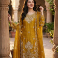 Elegant Mustard Sequin Embroidered Silk Eid Special 3-Piece Set