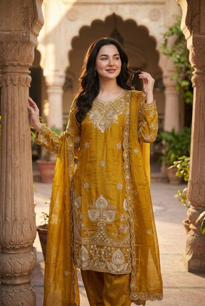 Elegant Mustard Sequin Embroidered Silk Eid Special 3-Piece Set