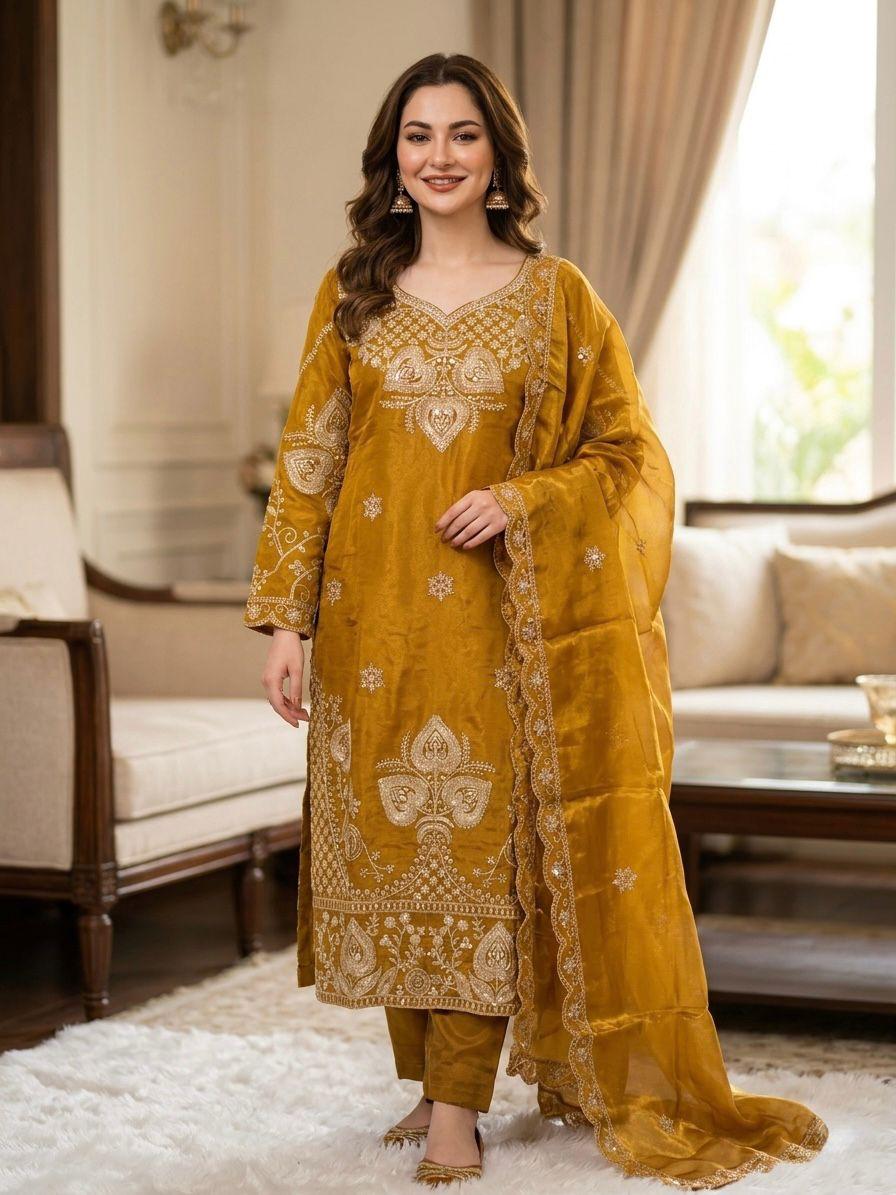 Elegant Mustard Sequin Embroidered Silk Eid Special 3-Piece Set