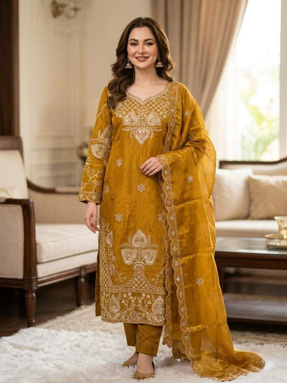 Elegant Mustard Sequin Embroidered Silk Eid Special 3-Piece Set