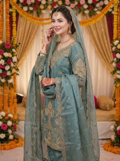 Elegant Teal Green Sequin Embroidered Silk Eid Special 3-Piece Set