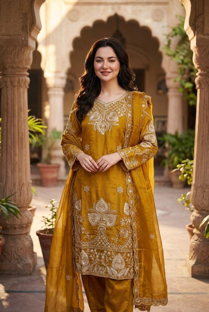 Elegant Mustard Sequin Embroidered Silk Eid Special 3-Piece Set