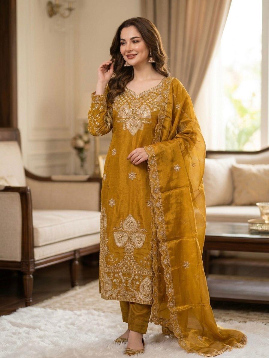 Elegant Mustard Sequin Embroidered Silk Eid Special 3-Piece Set