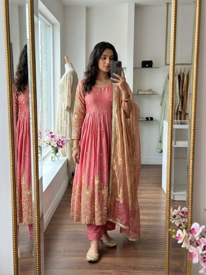 Peach Trending Silk Gown Set with Palazzo & Dupatta - Ready to Wear