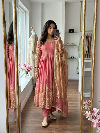 Peach Trending Silk Gown Set with Palazzo & Dupatta - Ready to Wear