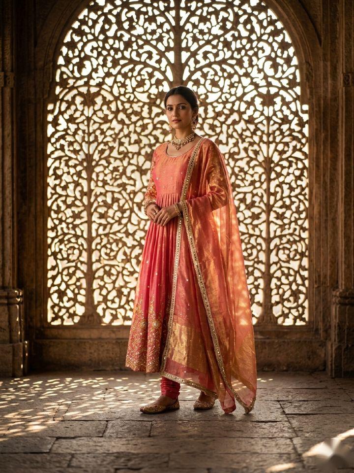 Peach Trending Silk Gown Set with Palazzo & Dupatta - Ready to Wear
