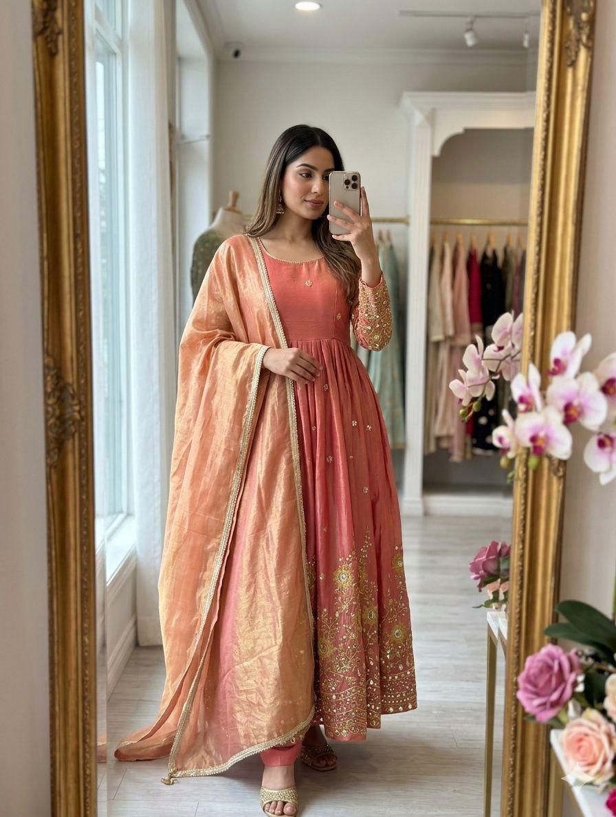 Peach Trending Silk Gown Set with Palazzo & Dupatta - Ready to Wear