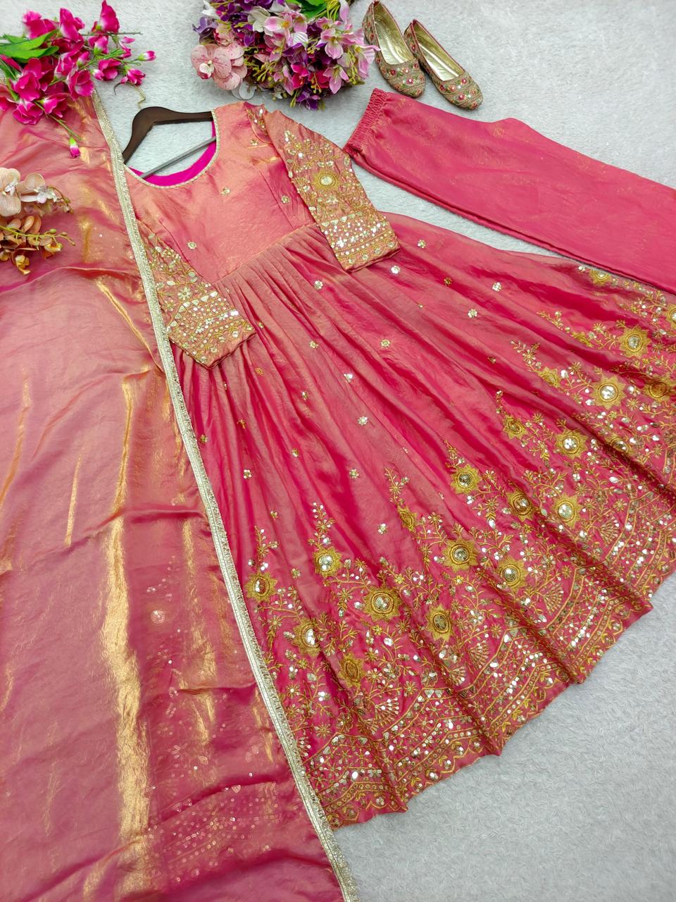 Peach Trending Silk Gown Set with Palazzo & Dupatta - Ready to Wear