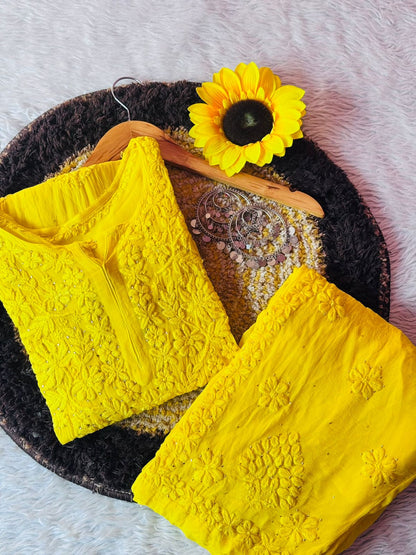 Party Wear Yellow Viscose Chikankari Mukaish work Kurti Set with 3D Handwork