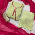 Pistachio green Ethereal Rayon Dyeable Kurti with Rani pink border, Palazzo & Rani Pink Dupatta Set