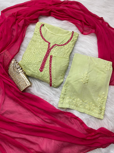 Pistachio green Ethereal Rayon Dyeable Kurti with Rani pink border, Palazzo & Rani Pink Dupatta Set