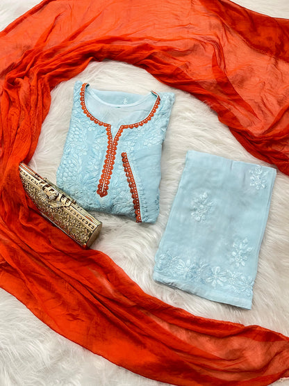 Sky Blue Ethereal Rayon Dyeable Kurti with Burnt Orange border, Palazzo & Burnt Orange Dupatta Set
