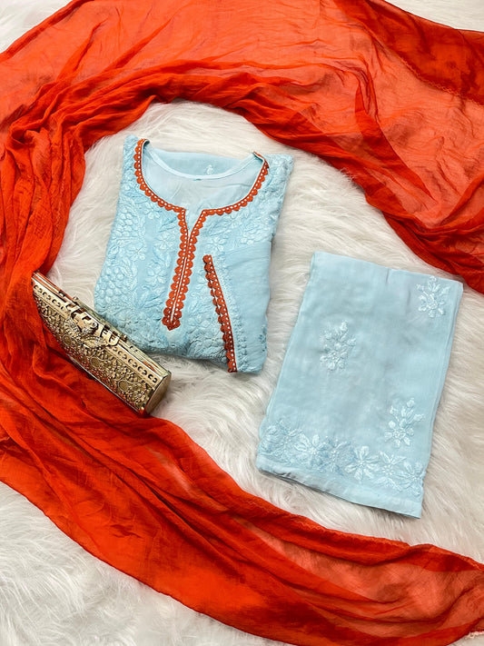 Sky Blue Ethereal Rayon Dyeable Kurti with Burnt Orange border, Palazzo & Burnt Orange Dupatta Set