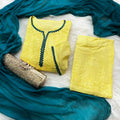 Lemon Yellow Ethereal Rayon Dyeable Kurti with Teal Blue border, Palazzo & Teal Blue Dupatta Set